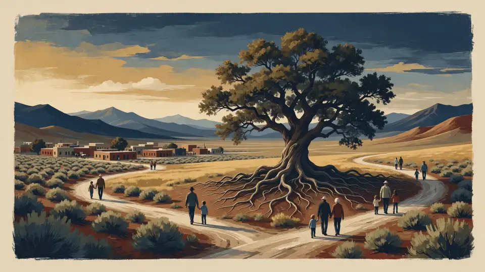 Illustration of paths leading generations toward a deeply rooted tree in a Utah valley
