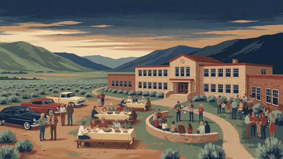 Illustration of a school campus hosting cars, a community meal, music, and conversation