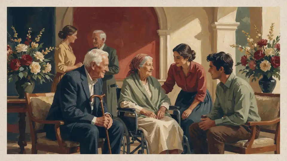 Illustration of older honored guests in warm conversation with younger community members