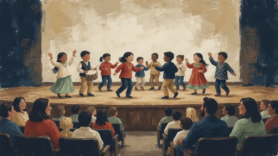 Illustration of children performing for families in a community auditorium
