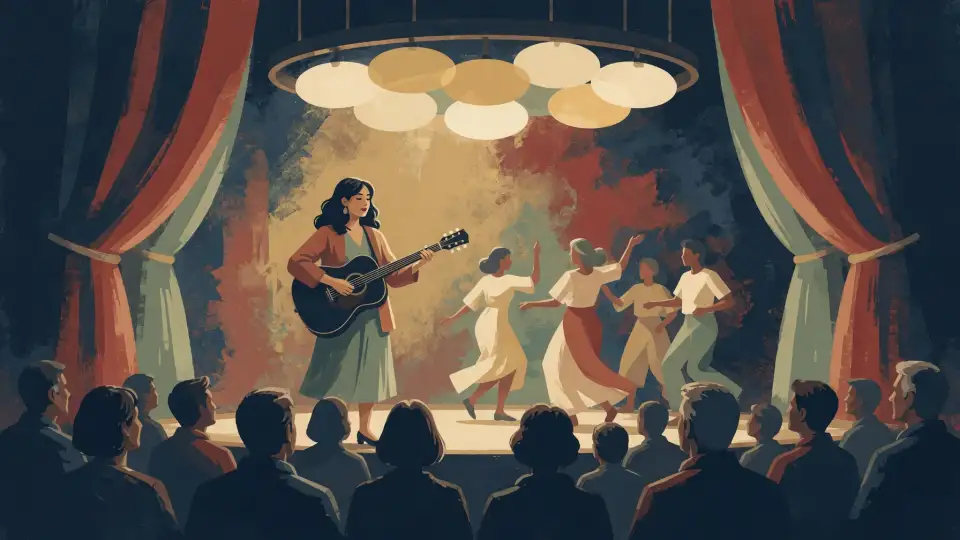 Illustration of local musicians and dancers sharing a warmly lit stage