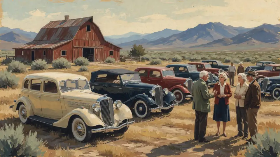 Illustration of families viewing classic automobiles against Utah mountains