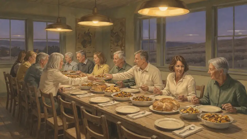 Illustration of generations sharing food at long community tables