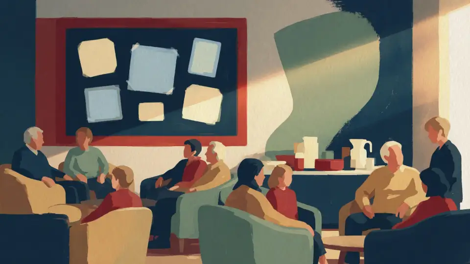 Illustration of friends and classmates reconnecting in a hospitality room
