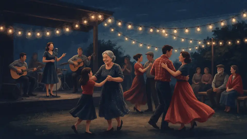 Illustration of multiple generations dancing together as a live band plays