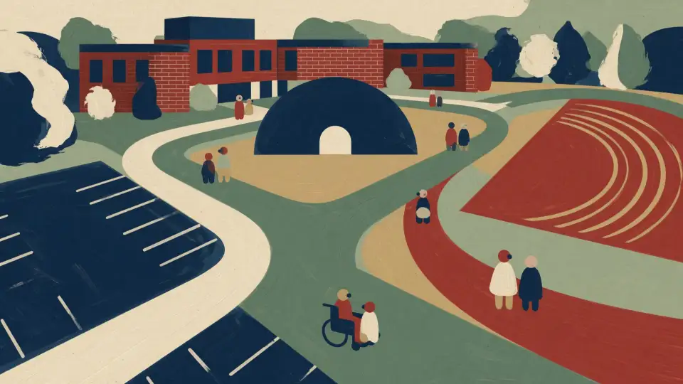 Illustrated visitor paths connecting parking and gathering areas at a school campus