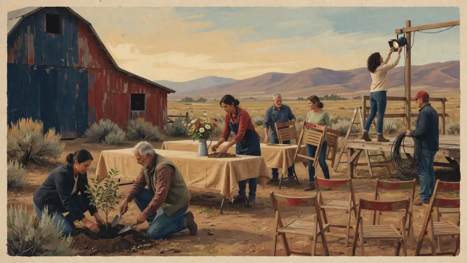 Illustration of volunteers arranging tables, flowers, chairs, and lights together