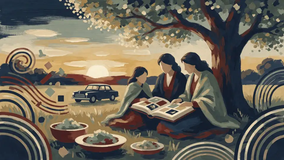 Illustration of three generations sharing an album beneath a tree at sunset
